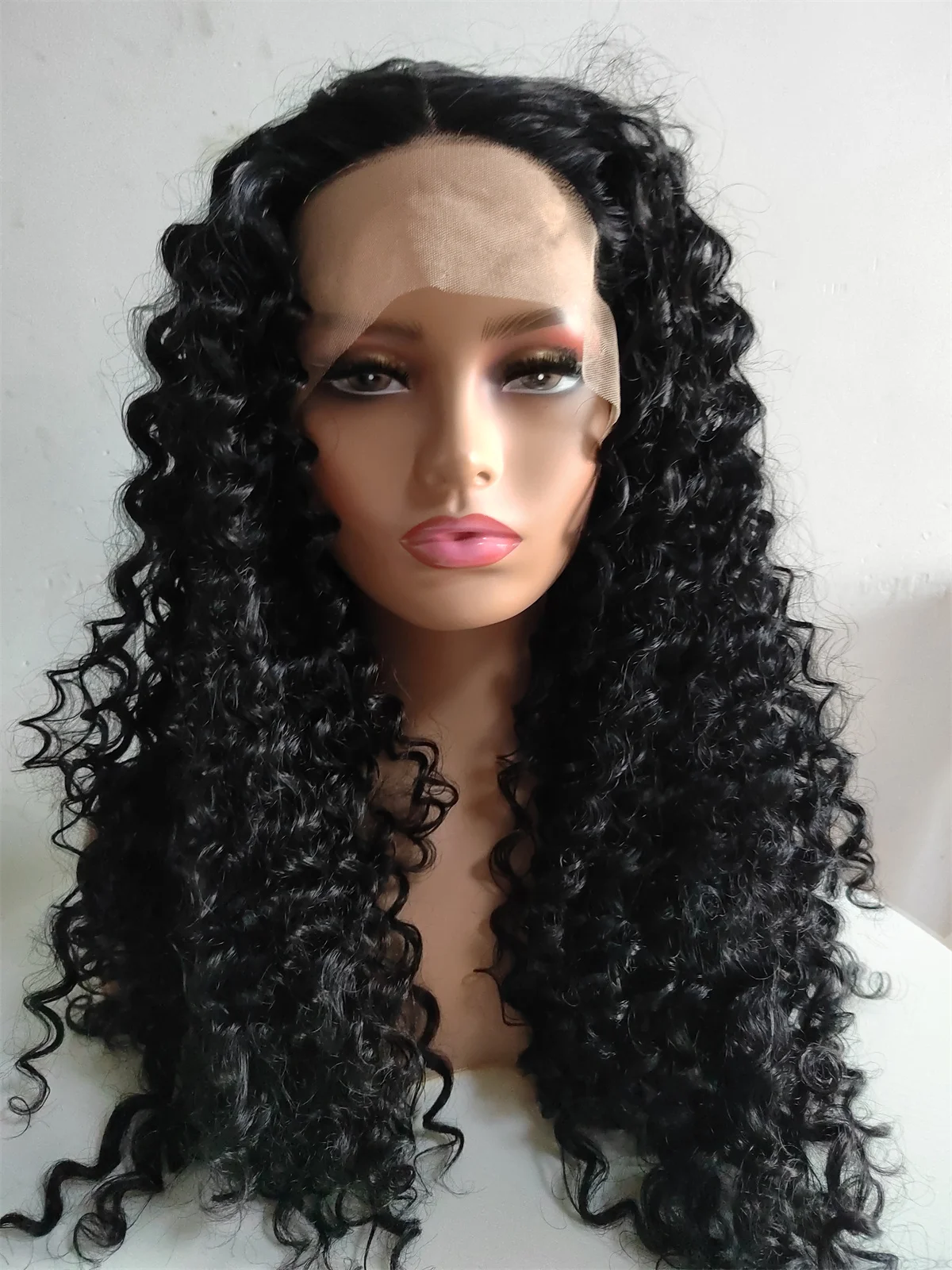 

Black Color Kinky Curly Synthetic Hair Lace Front Wigs For Women Heat Resistant Fiber Pre Plucked Hairline Baby Hair Daily Wear