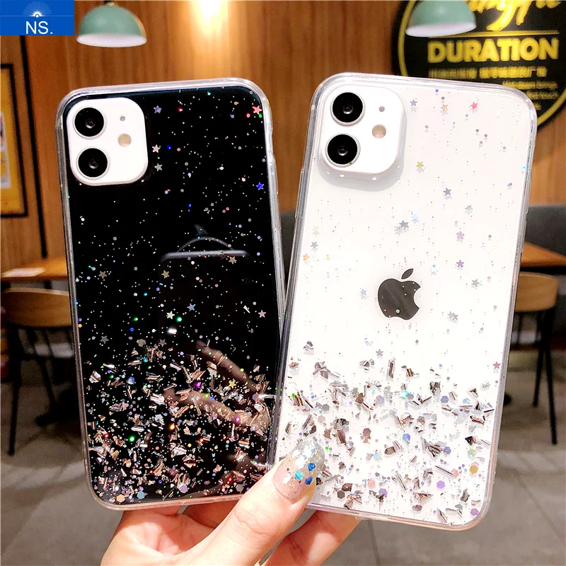 

Прозрачный блестящий чехол NS с изображением звездного неба для iPhone 14, 13, 12, 11, X, серия 8, 7, фотографические чехлы