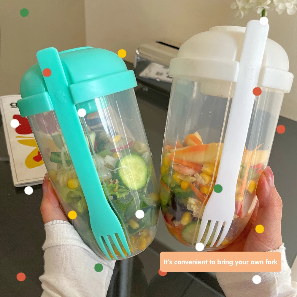 

Портативная салатная чашка с вилкой, большая емкость, многофункциональная пищевая коробка для пикника Bento с чашкой для соуса, прочная чашка ...