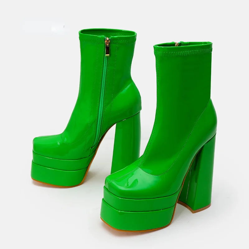 

Весенне-Осенние эластичные ботинки на квадратном каблуке на молнии сексуальные женские ботильоны взрослые женские ботинки обувь на толстой подошве из лакированной кожи