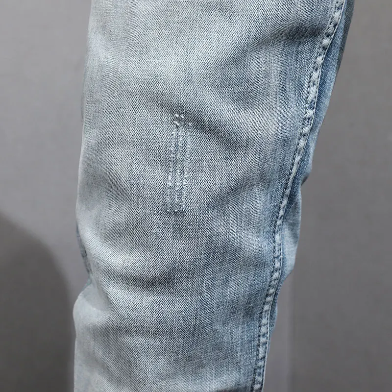 Fashion Designer Men Jeans Retro Light Blue Elastic Stretch Slim Fit Ripped Jeans Men Casual Trousers Vintage Denim Pants Hombre