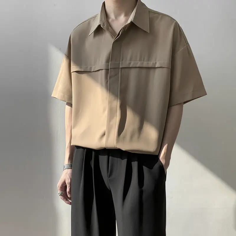 

High Quality Solid Shirt Casual Street Wear Lapel Button Short Sleeve Shirt for Men Fashion Retro Shirt 2023 Summer Q29