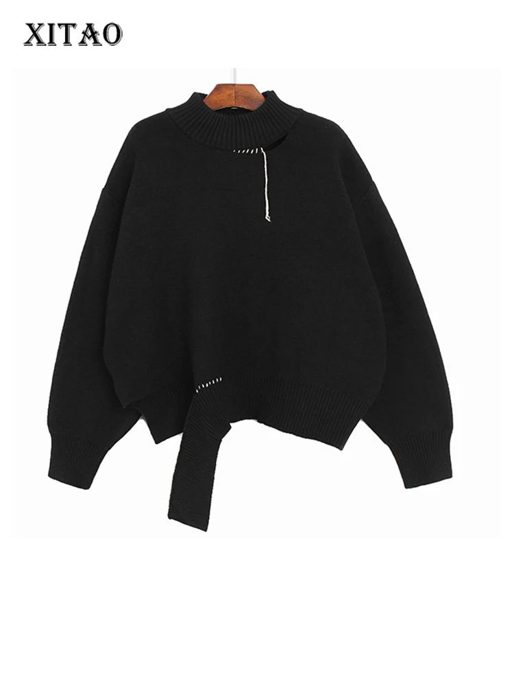 

XITAO Sweater Pullovers Solid Color Asymmetrical O-neck Loose Knitting Simplicity Hole Show Thinness 2022 New Top FBB1463