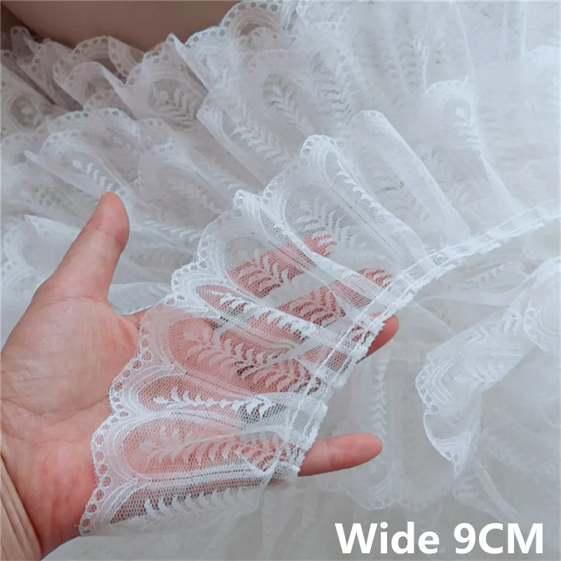 

9CM Wide New White Black 3d Pleated Mesh Lace Fabric Embroidery Fringe Ribbon Dress Collar Ruffle Trim DIY Sewing Guipure Decor