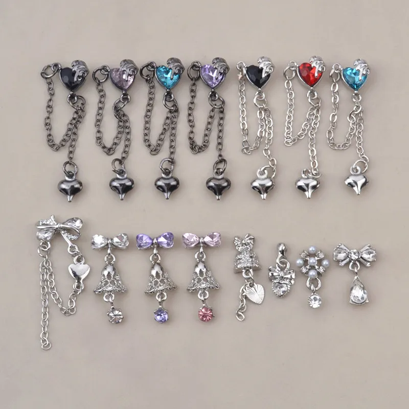 10pcs 3d nail charms punk dark style love bow bell alloy pearl Gun Black Silver Colored zircon nail jewelry accessories