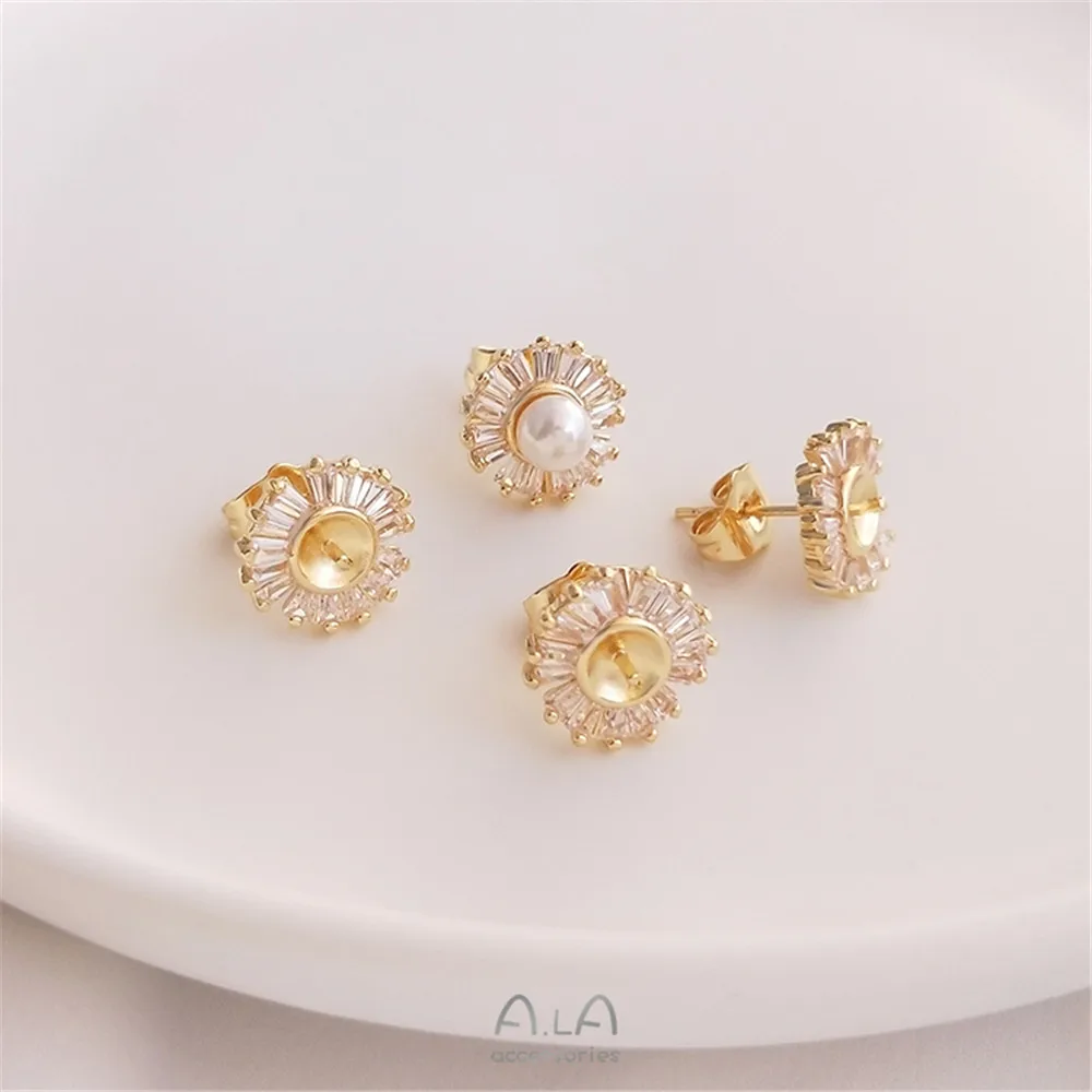 

14K gold color zircon lace half hole pearl stud 925 silver needle DIY pearl stud earrings accessories