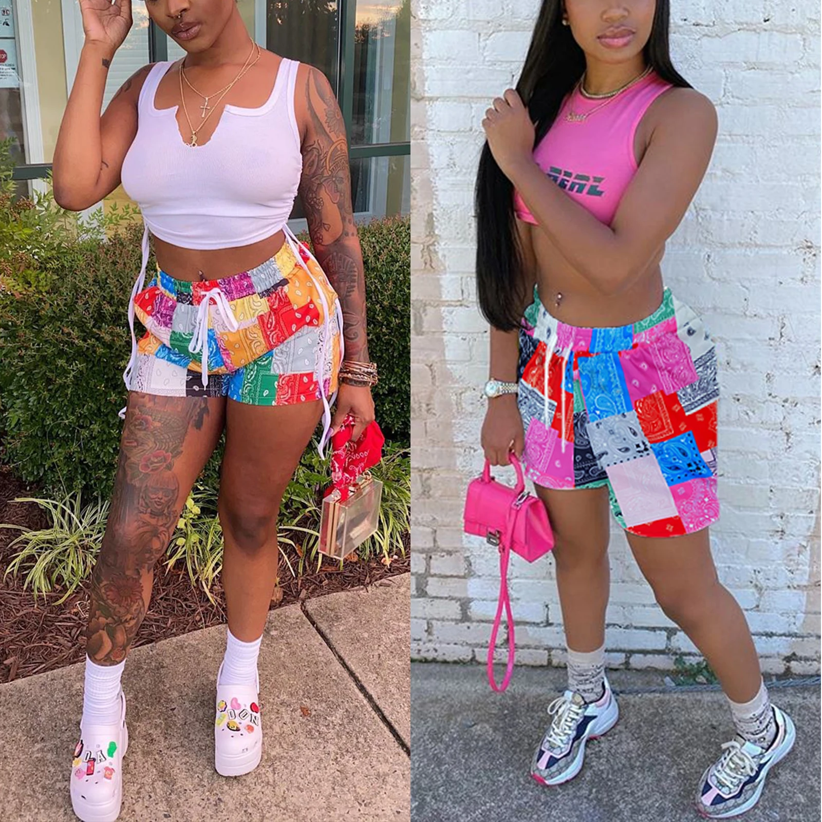 

2022 Women Bandana Print Shorts Summer Beach Loose Drawstring Waist Shorts Casual Midi Patchwork Short Pants Pantalones Cortos