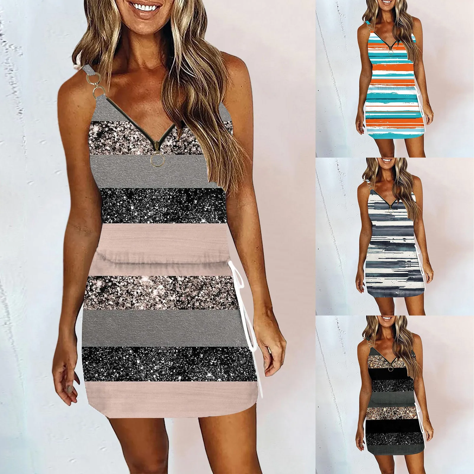 

Ladies Summer Casual Women Halter Floral Striped Print Sundress Summer Female Sleeveless Cut Out Hole Mini Dress