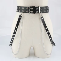 women pu leather waist belt adjustable double row hollowed belt punk chain belts unisex casual all match jeans dress accessories