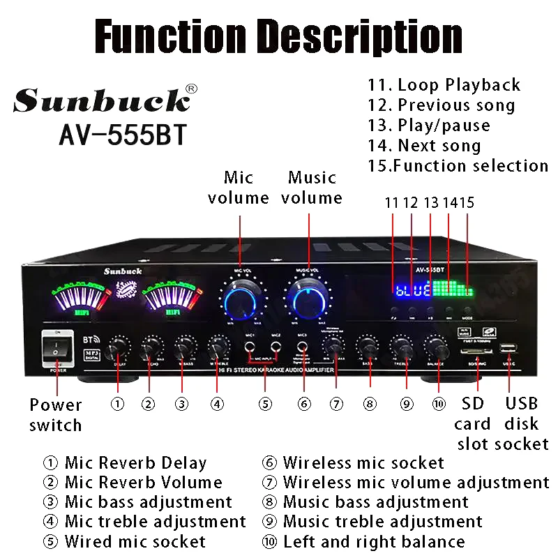 Фото Hi-Fi Bluetooth-усилитель звука AV-555BT с двойным динамическим экраном SUNBUCK 555BT, цифровой стереоусилитель для домашнего кинотеатра и караоке №3
