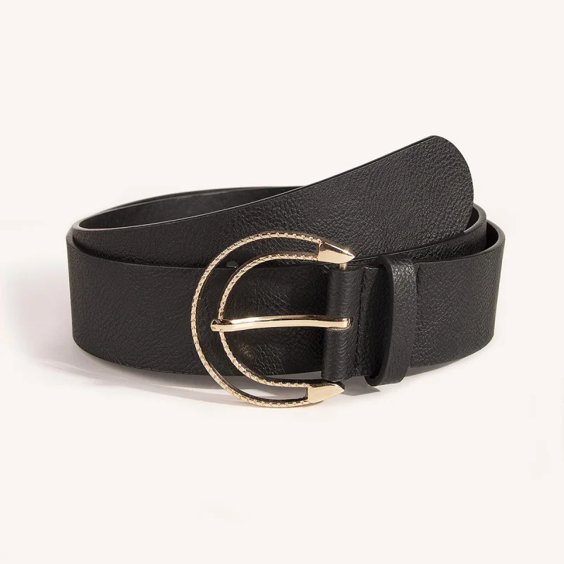 New Women's Semicircle Hollow Moon Buckle PU Belts 2023 Simple Black Wide Belt All-Match Fashion Jeans Belt