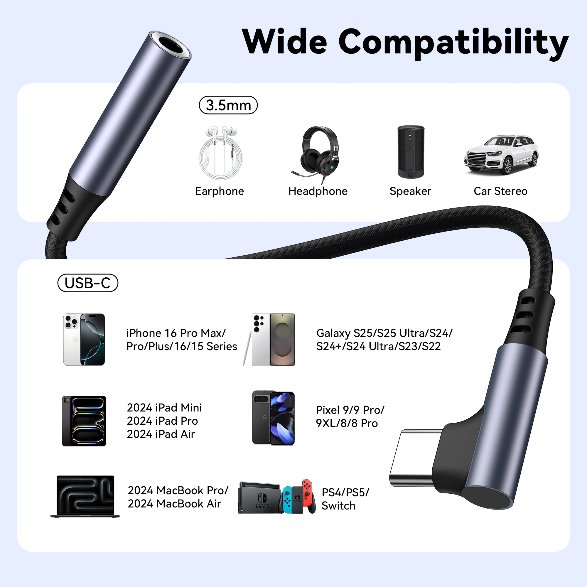 Фото L-образный адаптер для наушников типа C на разъем 3,5 мм, USB-C, аудиокабель 3,5 мм, конвертер для Ipad Iphone 16, Samsung Huawei Xiaomi Google №3