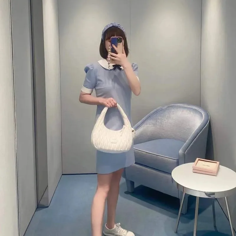 

Miu Women Dress 2022 Doll Collar Peter Pan Collar Short-sleeved Dress Solid tag A-line Small Slim Above Knee Mini Summer