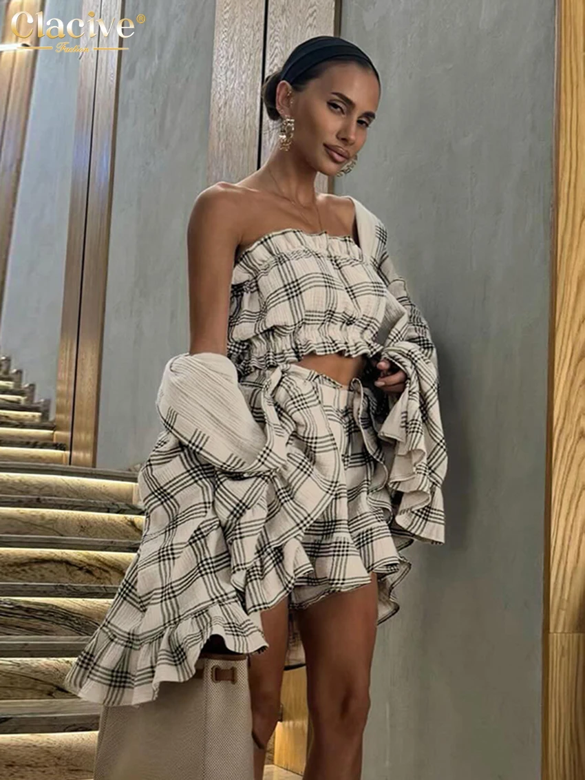 Фото Clacive Fashion Свободные клетчатые хлопковые шорты для женщин, комплект из 2 предметов, элегантная рубашка с длинными рукавами + топ-труба с шортами с высокой талией №2