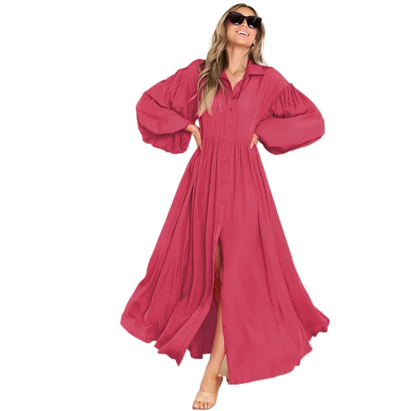 

Autumn and Winter Long Solid Color Dress Women's Button Long Dress Loose Oversized Swing Skirt