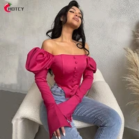 hotcy women puff long sleeve off shoulder retro blouses single breasted crop top elegent