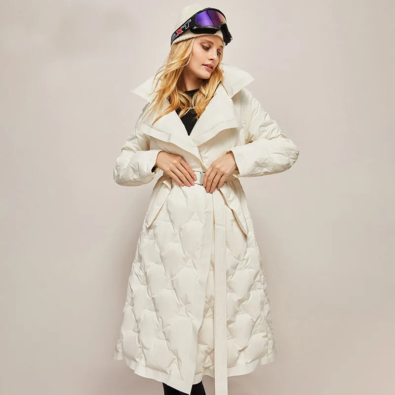 Long Parkas Winter White Duck Down Jacket Women Waist Slim Belt Jackets Loose Thick Warmth Cold Resistance Durable Coats Coat