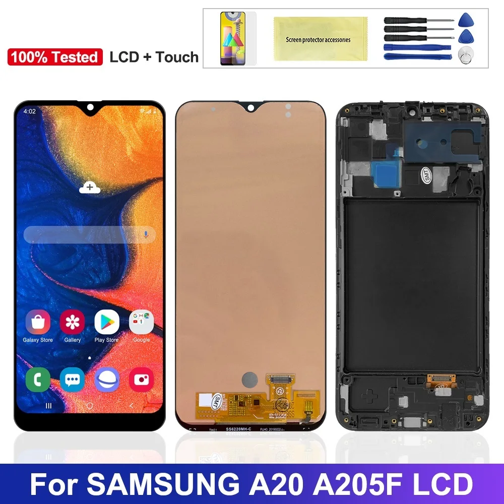 

Tested A20 Screen for Samsung Galaxy A20 LCD Display Touch Screen Digitizer With Frame Assembly for Samsung A20 SM-A205F A205FN