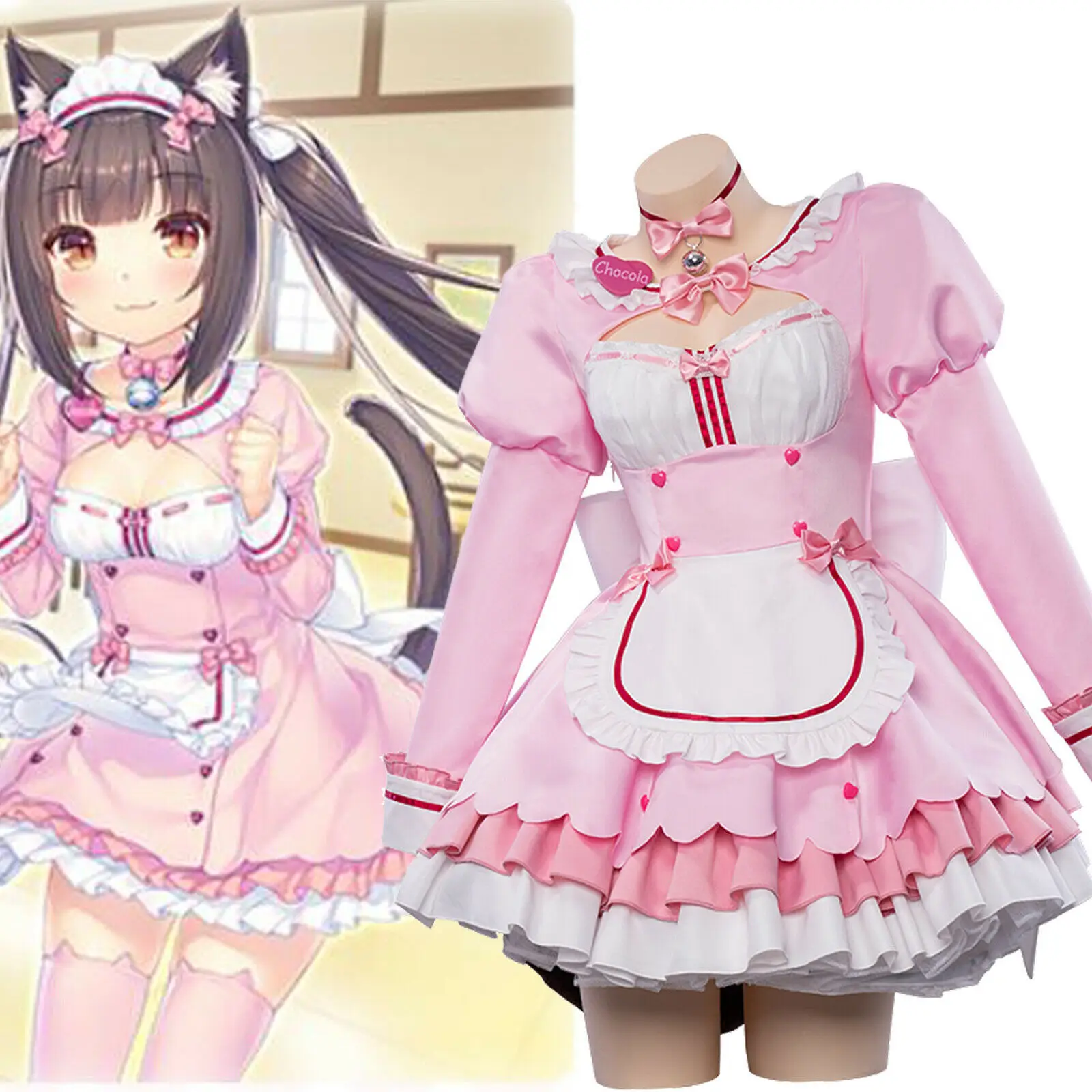 

Nekopara Chocolate Vanilla Cosplay Costume Maid Lolita Dress Blue Pink Purple Yellow Skirt Dress Cat Claw Stockings Accessories