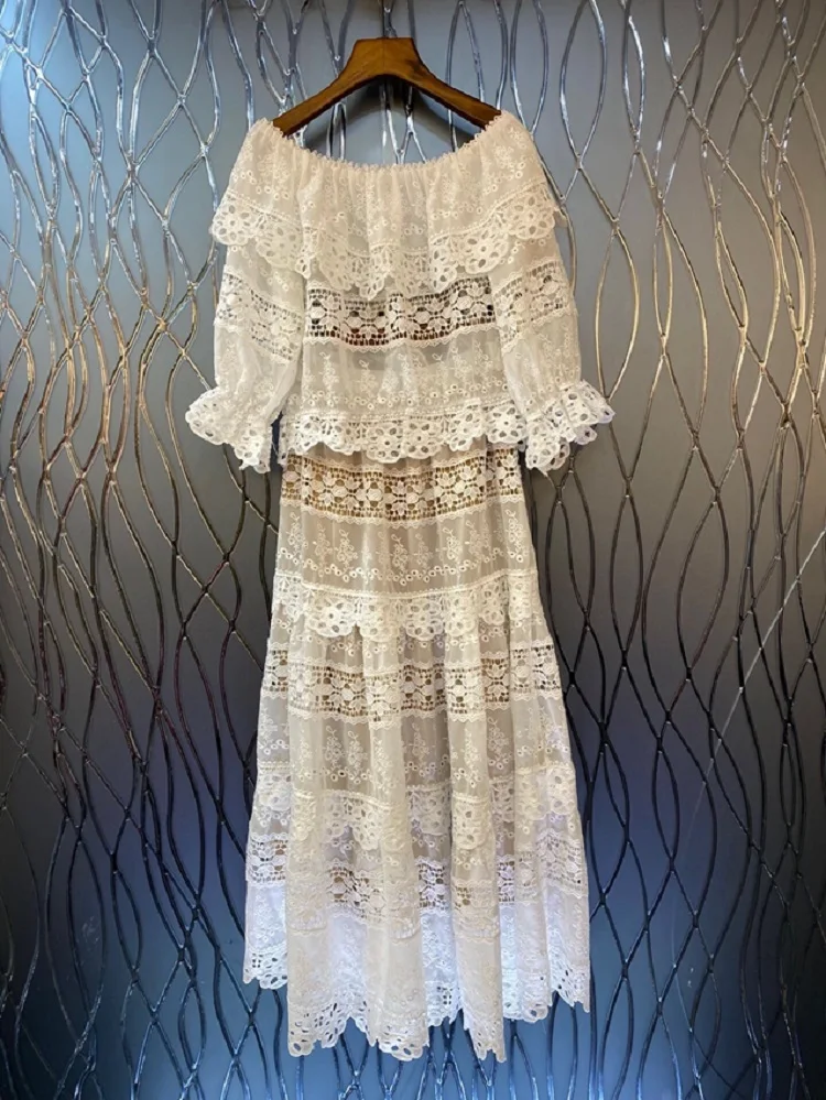 

Crop Sets 2023 Summer Fashion 2 Piece Sets High Quality Ladies Sexy Slash Neck Sexy Lace Crop Tops+Embroidery Long Maxi Skirt