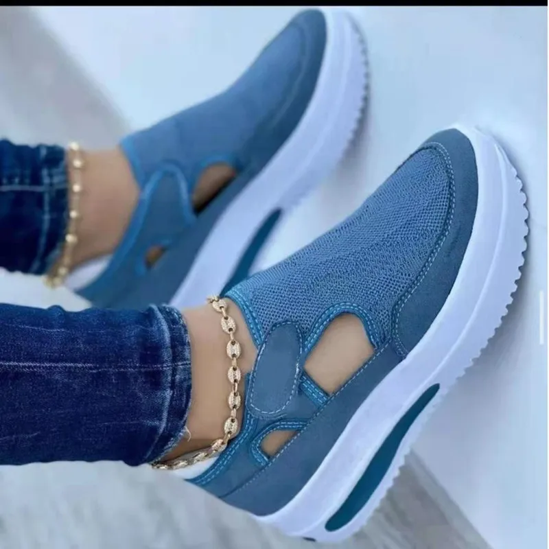 2022 spring and summer new  large size flying woven breathable casual women's shoes wedge heel Velcro low-top single