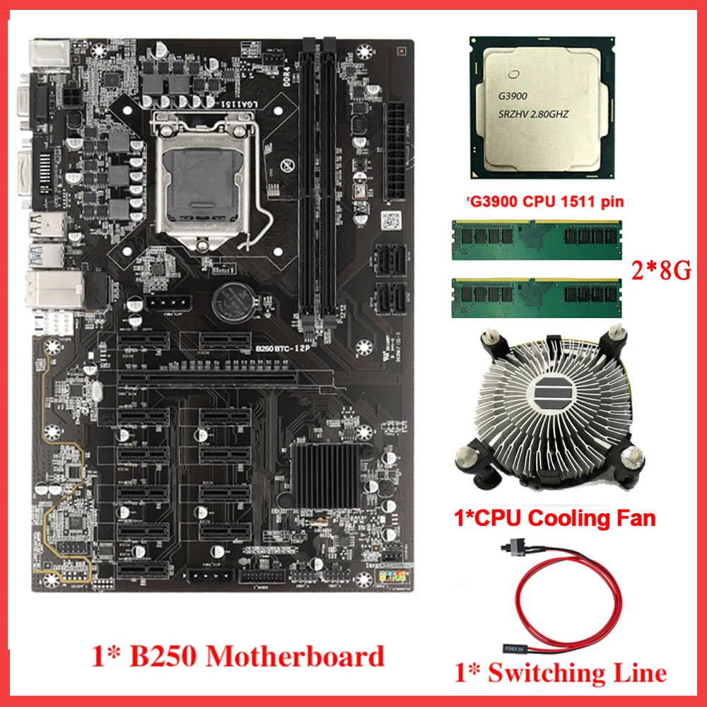 

B250 BTC Mining Motherboard Set For LGA 1151 G3900 CPU 12 USB3.0 to PCIE GPU Slot 8/16 GB 2133MHZ DDR4 For 12 GPUs Mining Rig
