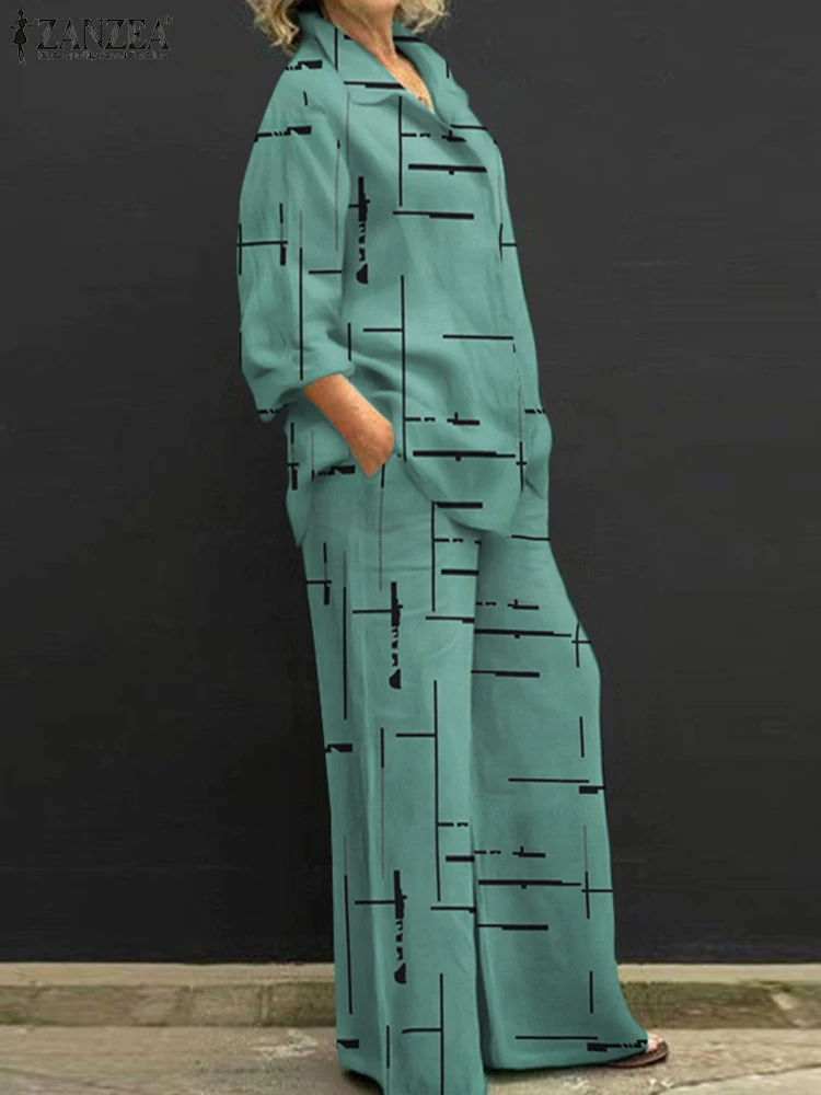 

Fashion Women's Outifit ZANZEA Spring Matching Sets 2PCS Lapel Neck Long Sleeve Shirt Blouse and Trouser Suits Causal Pantsuits
