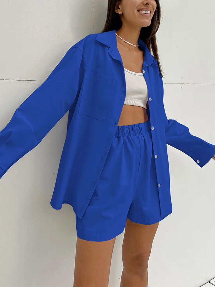 

Casual Women Two Piece Shorts Sets 2022 Summer Female Loose Tracksuits Loose Long Sleeve Shirt Top And High Waist Shorts Outfits