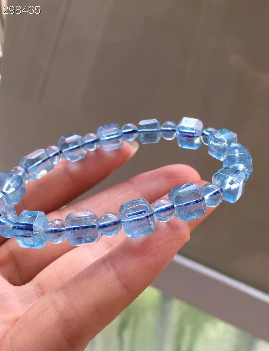 

Genuine Natural Blue Aquamarine Clear Cube Beads Bracelet 8.2mm Women Men Fashion Brazil Stretch Aquamarine Jewelry AAAAA