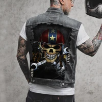 mens new street motorcycle fan repairman personality skull print hole raw edge four seasons sleeveless vest denim jacket