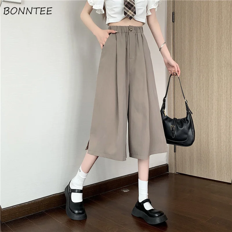 

Casual Pants Women Calf-length Chic Loose Mujer Empire All-match Solid Popular Stylish Korean Version Summer Wide Leg Trouser