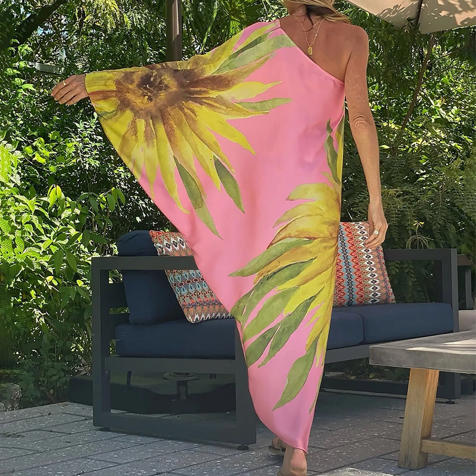 

Summer Dress For Women One Shoulder Half Bat Sleeve Print Casual Dresses Women Dresses Midi Length Business Casual Women Dresses