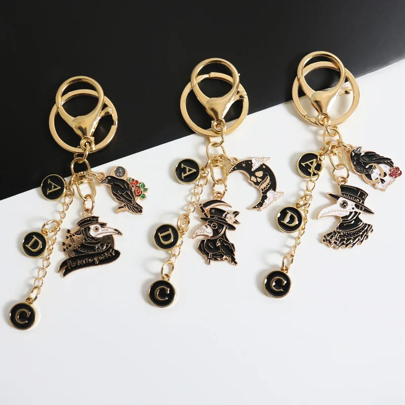 

Creative Punk Style Alphabet Letters Apocalyptic The Plague Doctor Keychain Raven Skull Car KeyRing Bag Charm Accessories