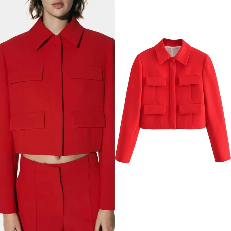 

TRAF Autumn Cropped Flap Blazer Women Lapel Snap Button Short Coats Long Sleeves Shoulder Pads Tops Suits Red High-Waisted Pants