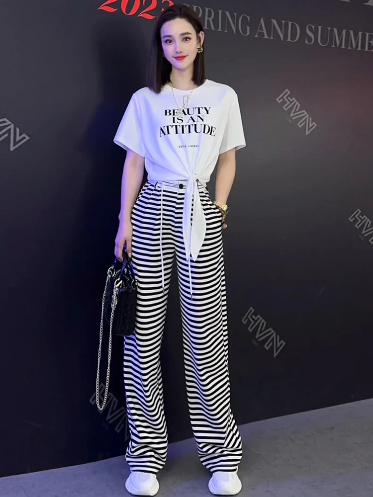 

M GIRLS Irregular Letter T Shirt Trousers Two Piece Set For Women 2023 Summer Korean Striped Wide-Leg Pants Suit Female Matching