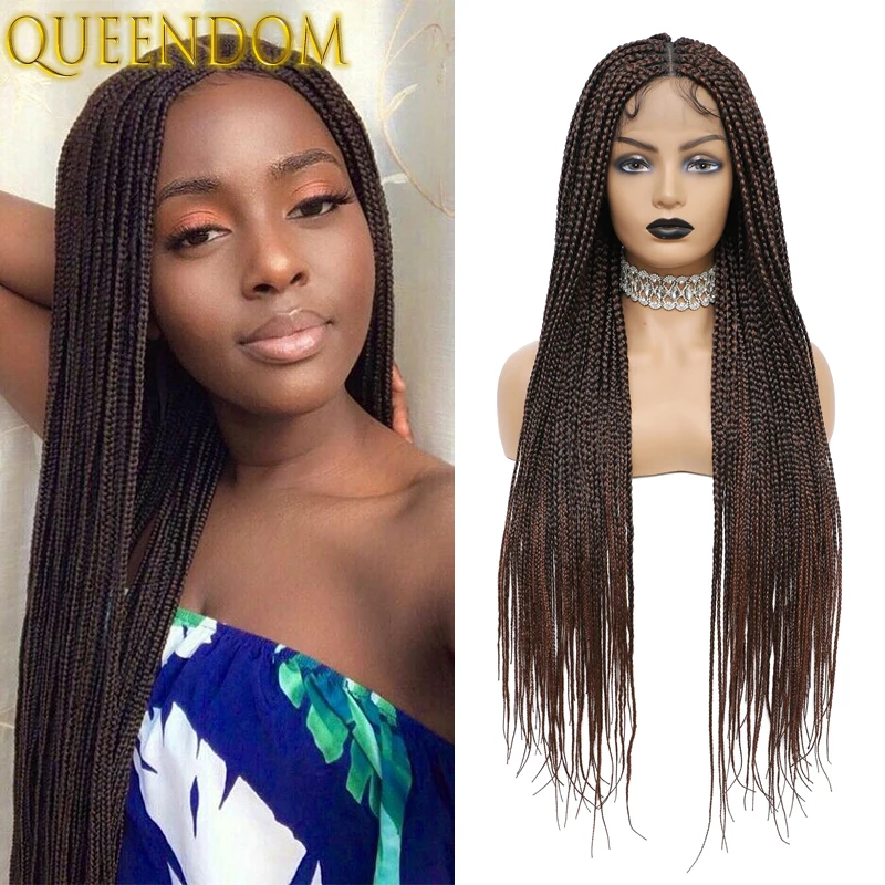 36 Inch Knotless Braid Lace Front Wigs for Women Full Lace Box Braid Wig with Baby Hairs Ombre Brown Synthetic Braided Lace Wigs