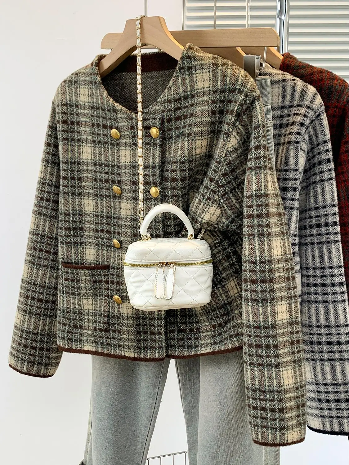 Ankela красная изящная клетчатая шерстяная куртка женская осень и зима больших