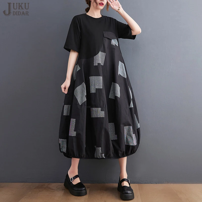 

Geometric Printed Short-Sleeve Woman Summer Clothing White Long Dress Fake Pocket Loose Fit Big Size Dress Holiday Robe JJXD079