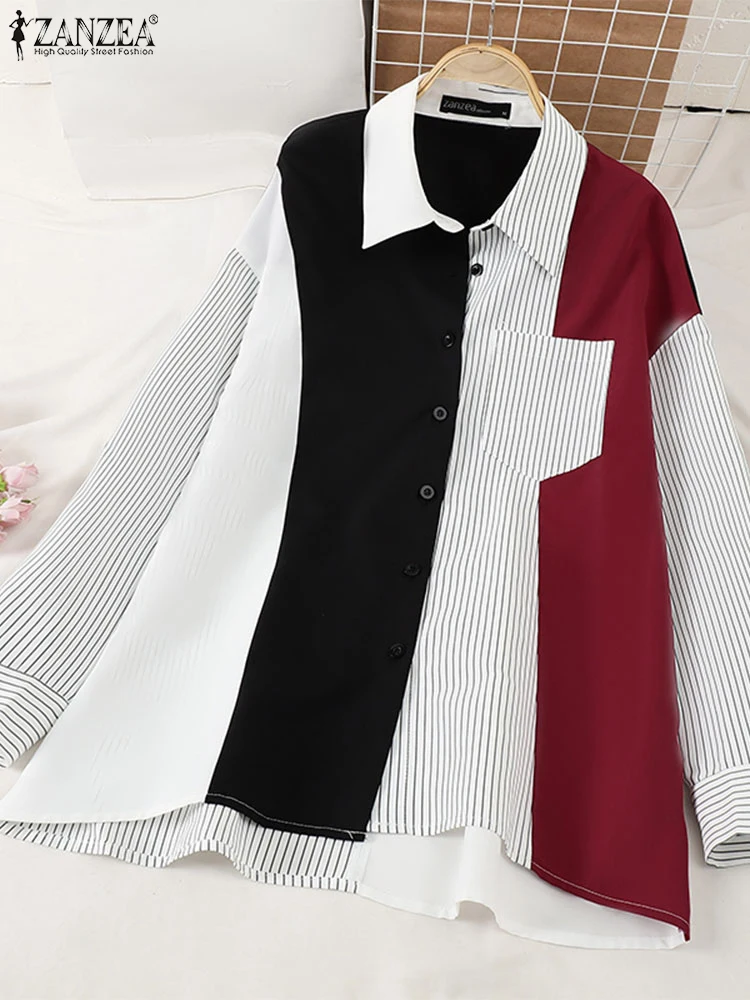 ZANZEA осенняя модная рубашка женская лоскутная полосатая блузка с длинным рукавом