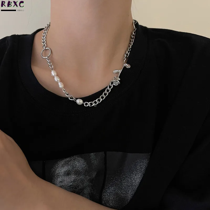 

Rbxc Rose Shaped Freshwater Pearl Mosaic Necklace Women's Summer Versatile High-level Sense of Light Luxury Niche Clavicle Chain