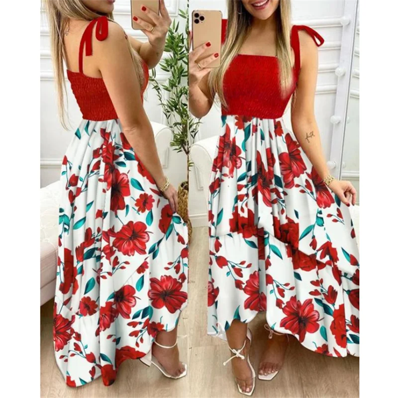 

Summer Sexy Spaghetti Strap Floral Print Maxi Dress For Women 2022 Casual Elegant Chest Wrap Long Woman Beach Dress Holiday
