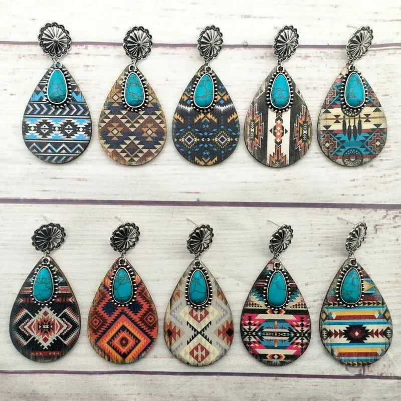 

Vintage Ethnic Wind Alloy Turquoise Pendant Wood Water Drops Western Earrings Boho Boho Earings