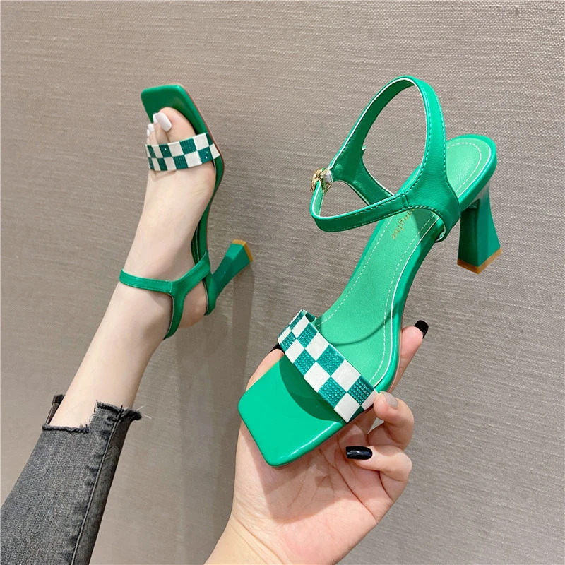 

Checkerboard Chunky Sandals Women Square Toe High Heels Shoes Designer Sexy Pumps Summer 2022 New Women Shoes Party Slippers