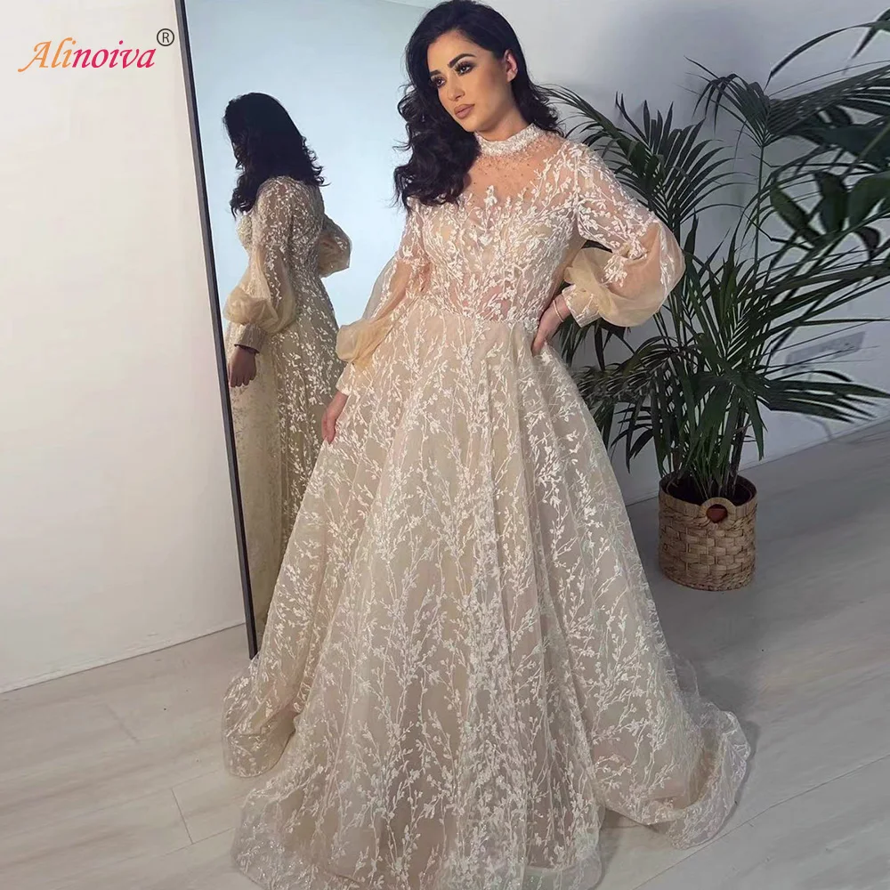 

Elegant Muslim Lace Evening Night Dress 2022 Long Sleeves High Neck Crystal Handmade Aline Formal Wedding Prom Party Gowns Prom
