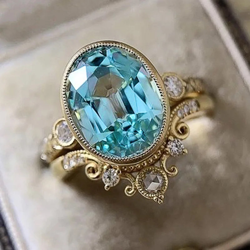 

2023 New Gorgeous Two Piece Ring Set for Women Attending Wedding Romantic Sky Blue Oval Stone Ring Elegant Women's Jewelry Gift