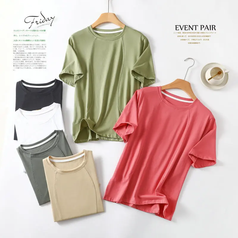 

Round Neck Cotton Patchwork Yoga Sports Style Casual Running Short Sleeved Women's T-shirt Short Sleeved Bottom Fitting Top