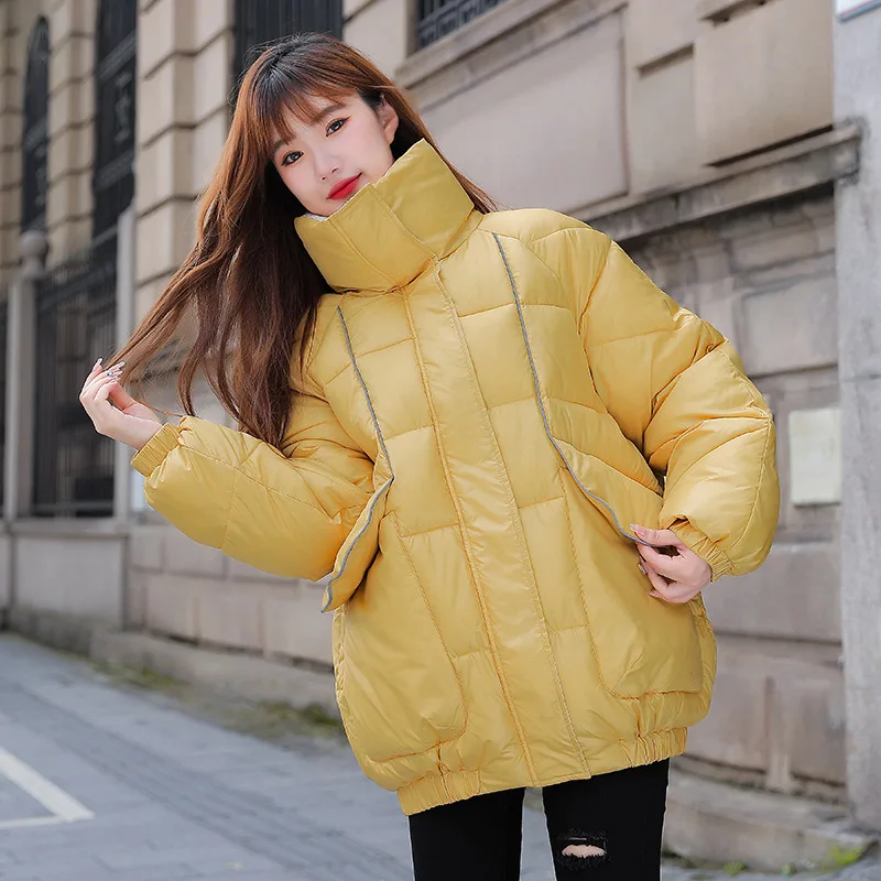 2021 Female Autumn Winter Casual Short Glossy Stand Collar Coat Women Loose Bubble Coats Thick Letters Embroidery Puffer Jackets