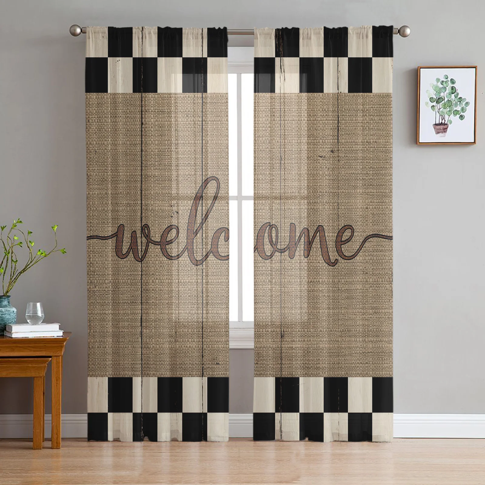 

Plaid Wood Grain Retro Welcome Modern Tulle Curtains For Living Room Sheer Curtain Bedroom Voile Decorative Window Treatments