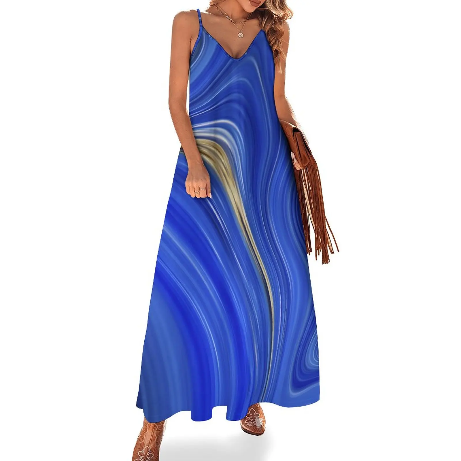 

Женское винтажное платье макси в стиле бохо, синее платье с абстрактным рисунком под мрамор, длинное пляжное платье на бретелях с графическим принтом, большой размер 5XL