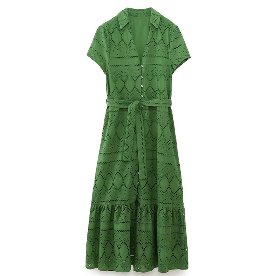 

Elmsk Summer Dress Women Bohemian Vintage Geometric Embroidery Cutout Single Breasted Green Midi Dress With Belt